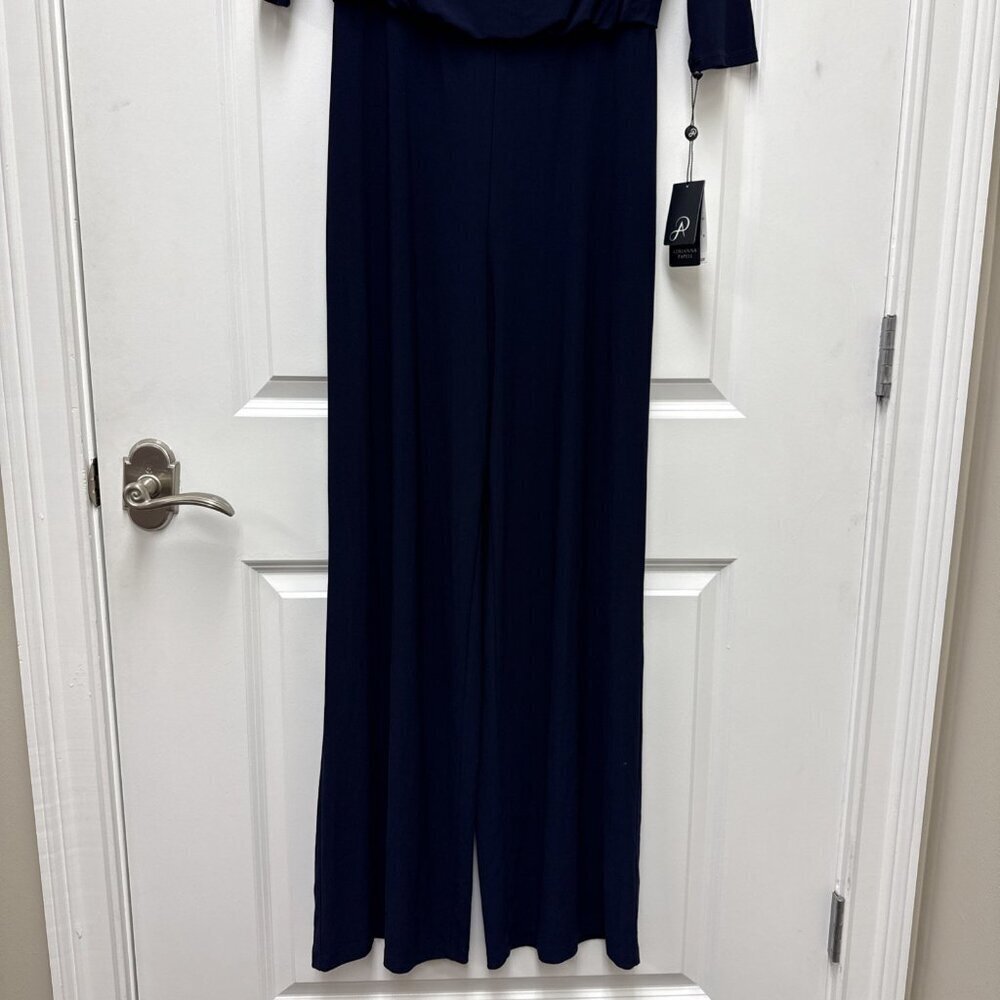 New ADRIANNA PAPELL Size 8 Navy Chiffon Ruffle Wide Leg Off Shoulder Jumpsuit - Picture 5 of 11